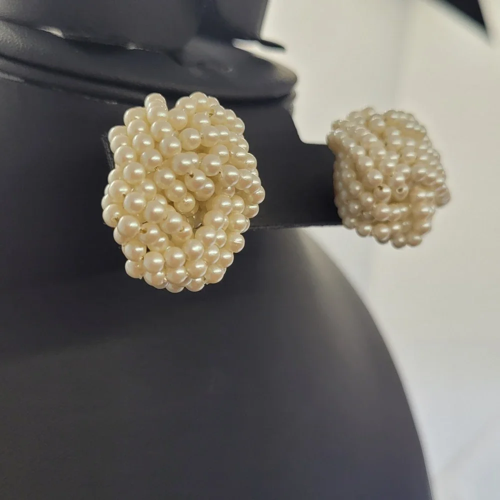 Vintage Faux Pearl Cluster Stud Earrings Gold Tone Beaded Button Bridal Wedding